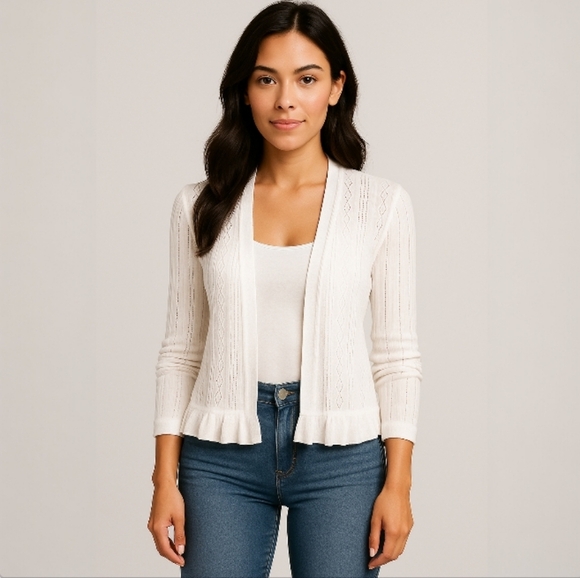 LOFT Sweaters - LOFT  Ivory Crochet Knit Open Front Lightweight Cardigan